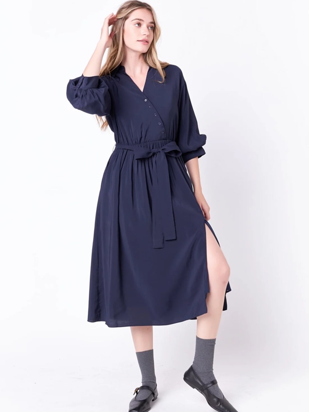 NWT! English Factory Navy Angled Buttoned Wrap Midi Dress sz S